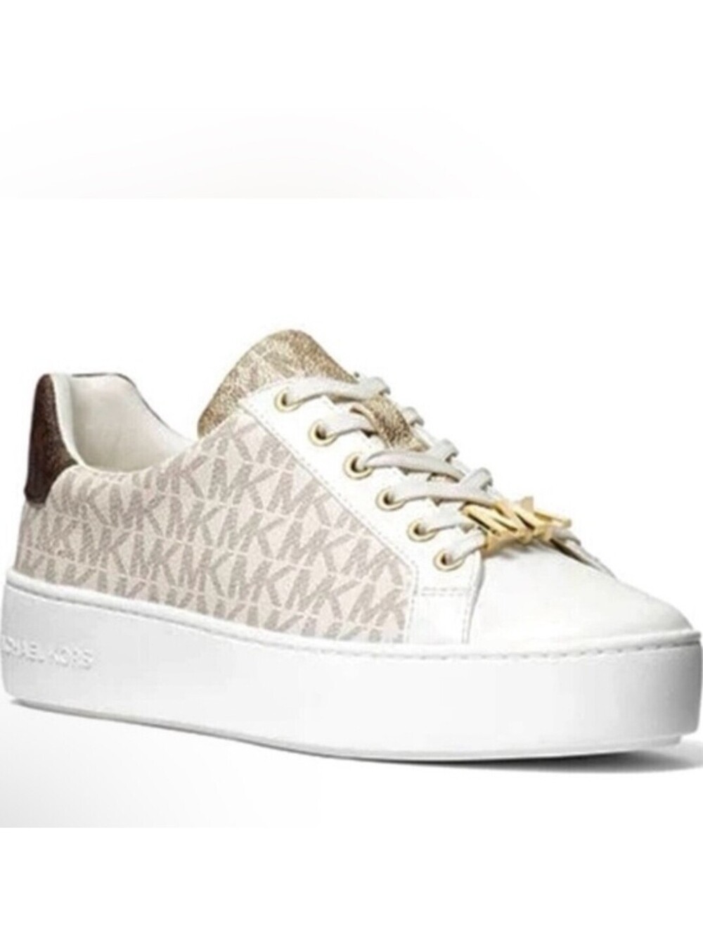 Michael Kors Poppy Sneakers Women's Sz 9.5 B Signature Logo Ivory Brown Leather